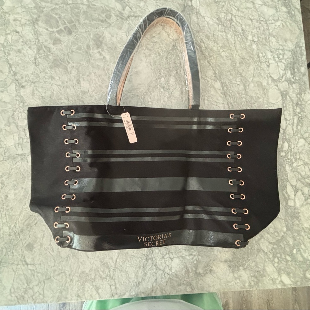 NWT - Victoria's Secret Black Tote with Lace-Up Detailing